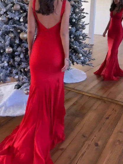 Sevoba | Mermaid Deep V-Neck Beaded Satin Long Prom Dress