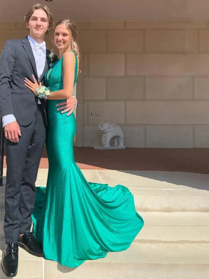 Sevoba | Mermaid Deep V-Neck Beaded Satin Long Prom Dress