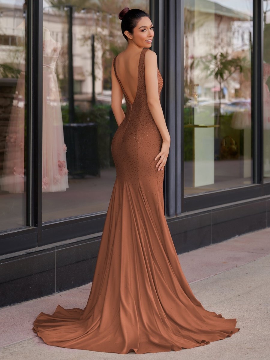 Sevoba | Mermaid Deep V-Neck Beaded Satin Long Prom Dress