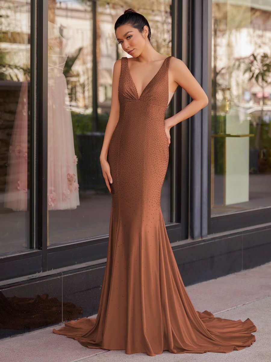 Sevoba | Mermaid Deep V-Neck Beaded Satin Long Prom Dress