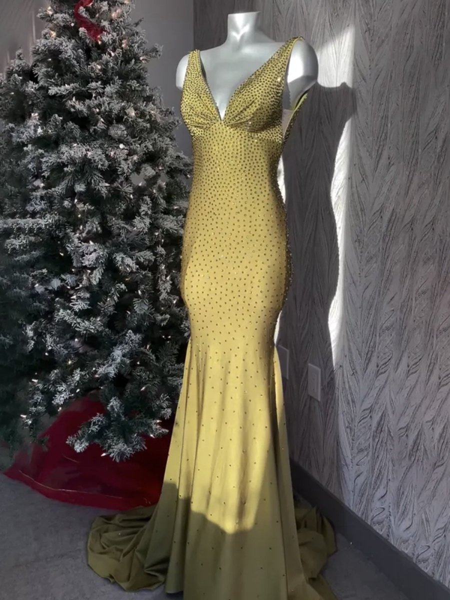 Sevoba | Mermaid Deep V-Neck Beaded Satin Long Prom Dress