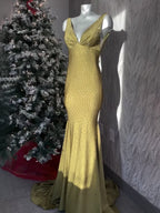 Sevoba | Mermaid Deep V-Neck Beaded Satin Long Prom Dress