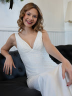 Sevoba | Mermaid Deep V-Neck Beaded Satin Long Prom Dress