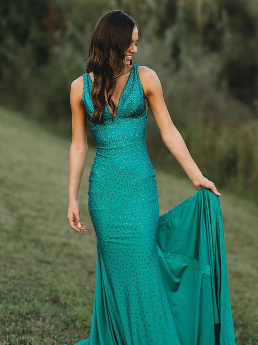 Sevoba | Mermaid Deep V-Neck Beaded Satin Long Prom Dress