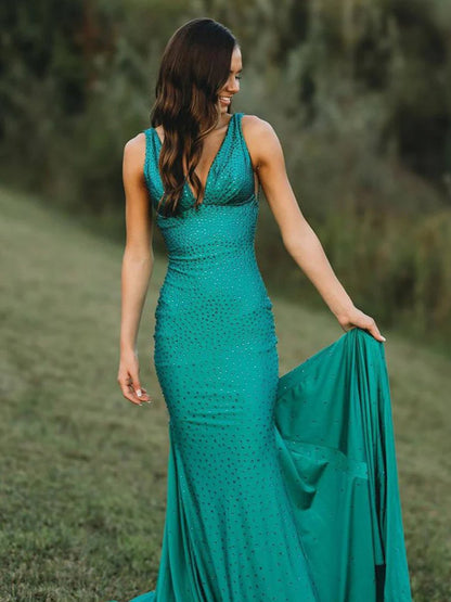Sevoba | Mermaid Deep V-Neck Beaded Satin Long Prom Dress