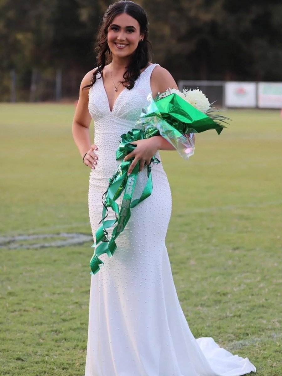 Sevoba | Mermaid Deep V-Neck Beaded Satin Long Prom Dress