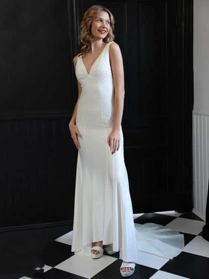 Sevoba | Mermaid Deep V-Neck Beaded Satin Long Prom Dress