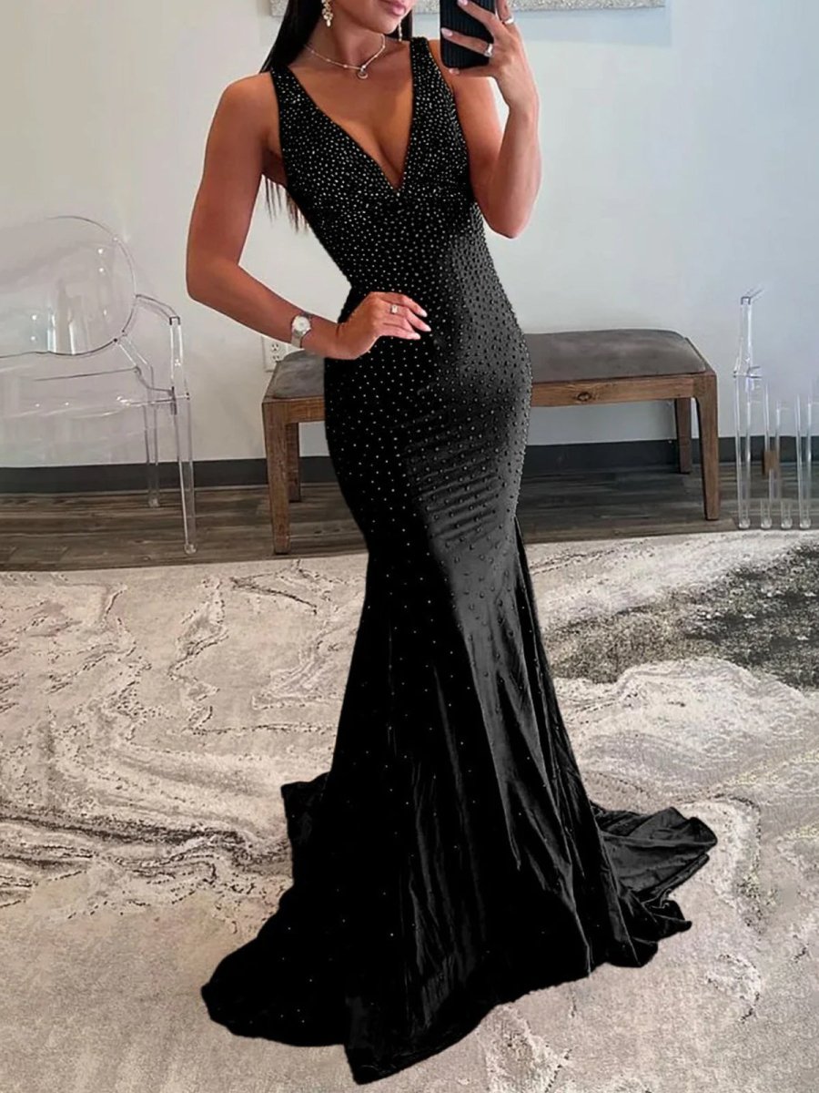 Sevoba | Mermaid Deep V-Neck Beaded Satin Long Prom Dress