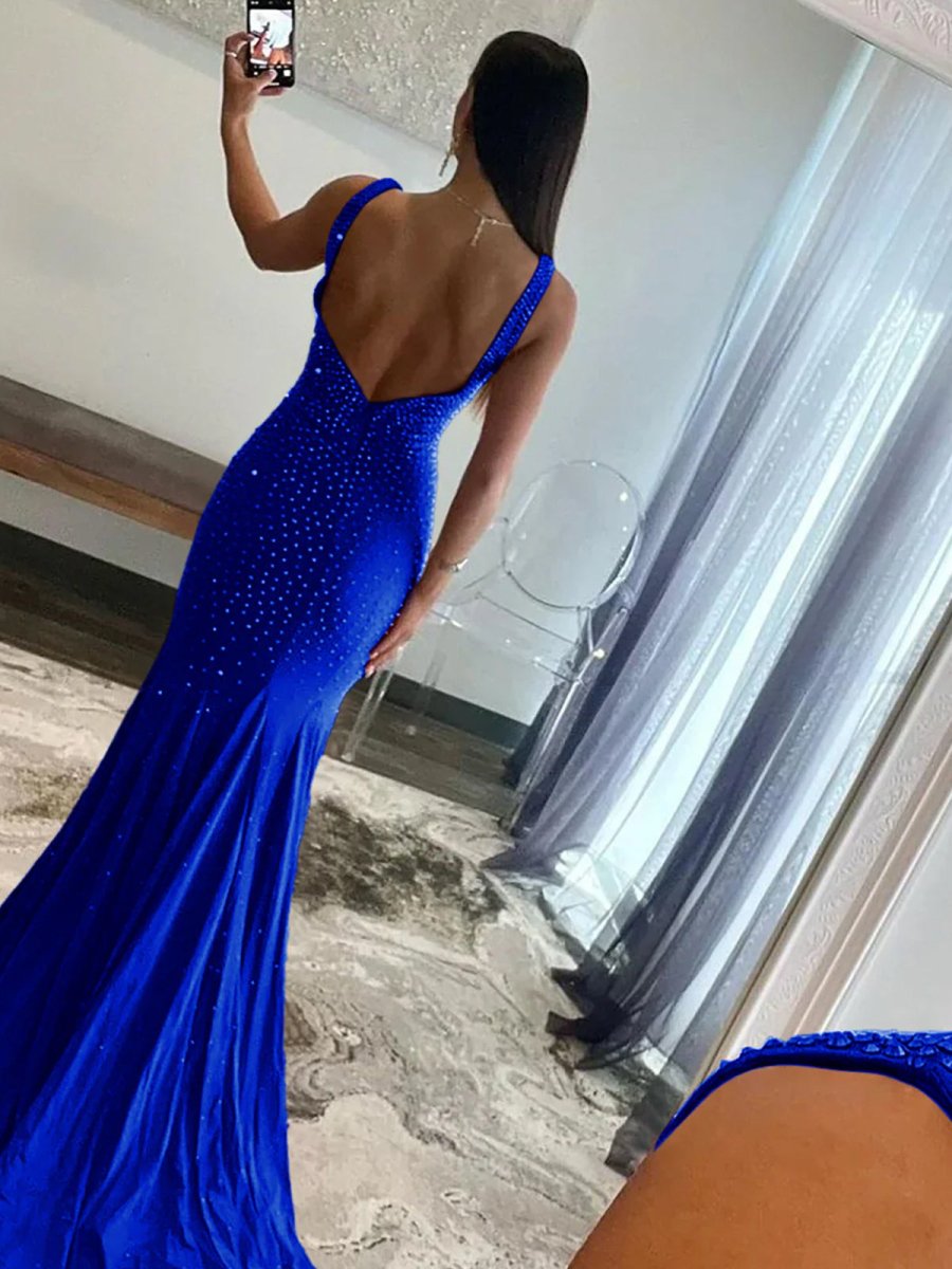 Sevoba | Mermaid Deep V-Neck Beaded Satin Long Prom Dress