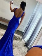 Sevoba | Mermaid Deep V-Neck Beaded Satin Long Prom Dress
