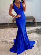 Sevoba | Mermaid Deep V-Neck Beaded Satin Long Prom Dress