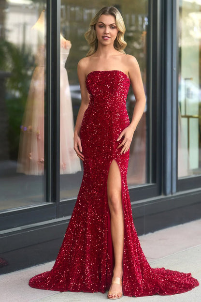 Sevoba | Mermaid Strapless Sequins Long Prom Dress with Slit