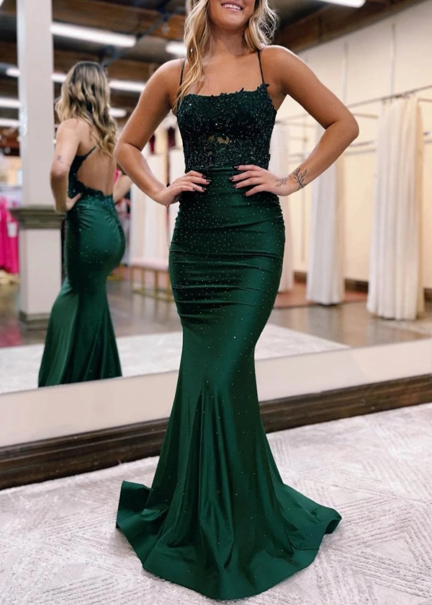 Sevoba|Mermaid Spaghetti Straps Dark Green Long Prom Dress with Appliques
