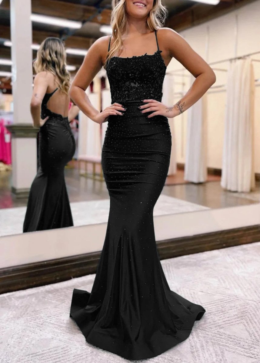 Sevoba|Mermaid Spaghetti Straps Dark Green Long Prom Dress with Appliques