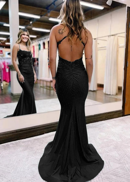 Sevoba|Mermaid Spaghetti Straps Dark Green Long Prom Dress with Appliques