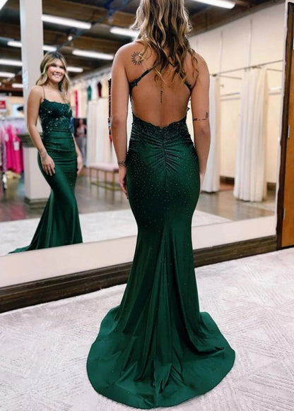 Sevoba|Mermaid Spaghetti Straps Dark Green Long Prom Dress with Appliques