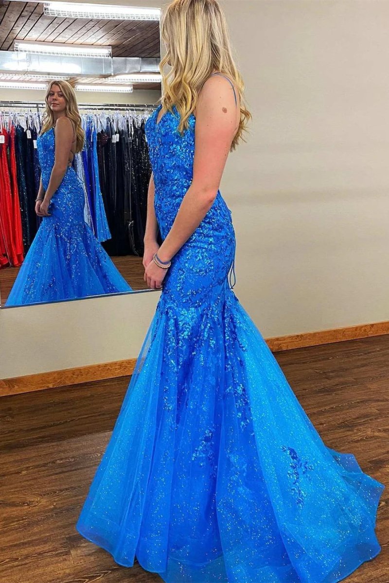 Mermaid V Neck Sequins Lace Long Prom Dresses with Appliques