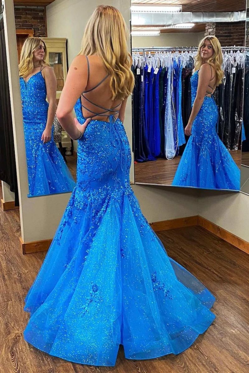 Mermaid V Neck Sequins Lace Long Prom Dresses with Appliques