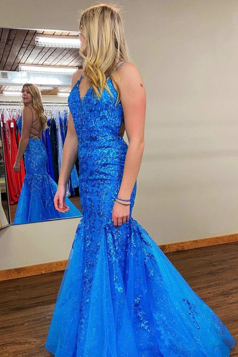 Mermaid V Neck Sequins Lace Long Prom Dresses with Appliques