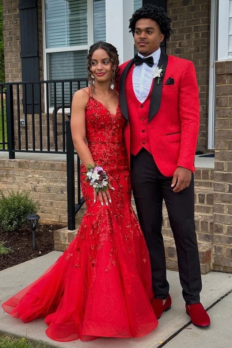 Mermaid V Neck Sequins Lace Long Prom Dresses with Appliques