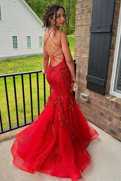 Mermaid V Neck Sequins Lace Long Prom Dresses with Appliques