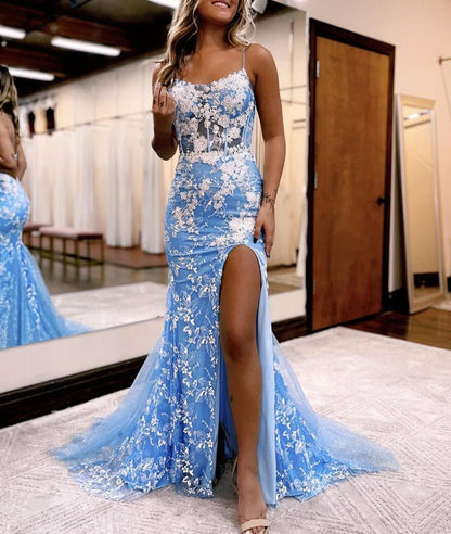 Aubrie |Mermaid Spaghetti Straps Lace Tulle Prom Dress with Slit