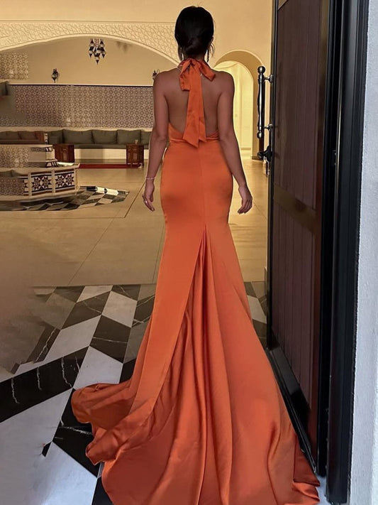 Merritt | Halter Sleeveless Satin Pleated Mermaid Prom Dress with Train