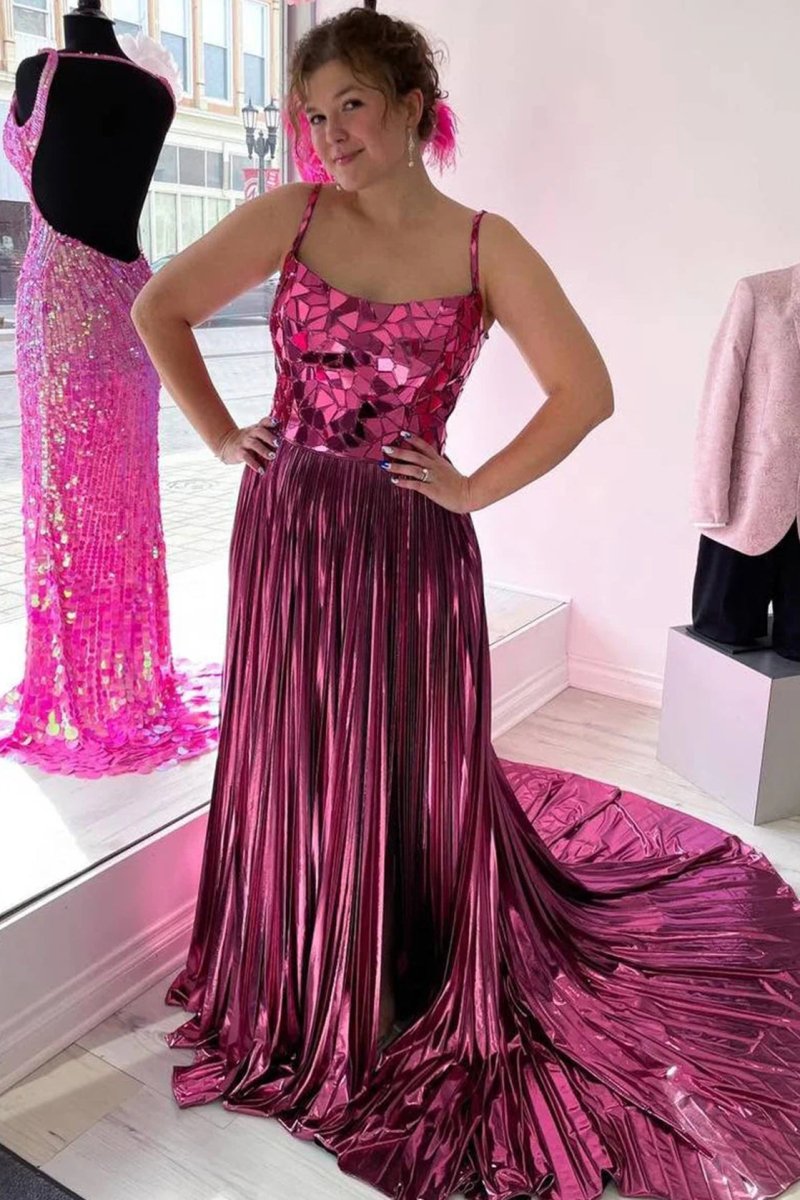 Metallic Off-the-Shoulder Pleated Prom Dress with Broken Mirrors