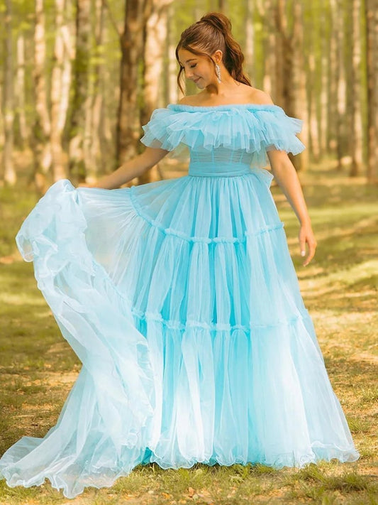 Mikelle | Ruffles Off the Shoulder Corset A-line Long Formal Dress