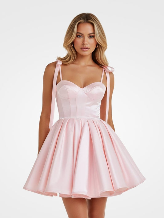 Sevoba|Pink - Spaghetti Straps Satin Pleated A Line Homecoming Dresses With Bow