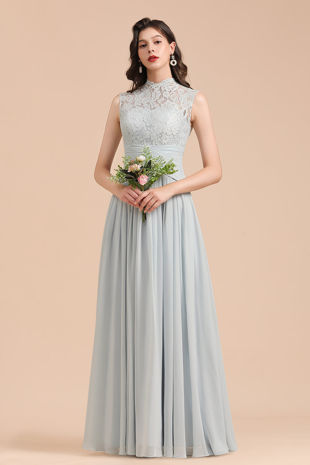 Mist High-Neck Lace Bridesmaid Dresses Long