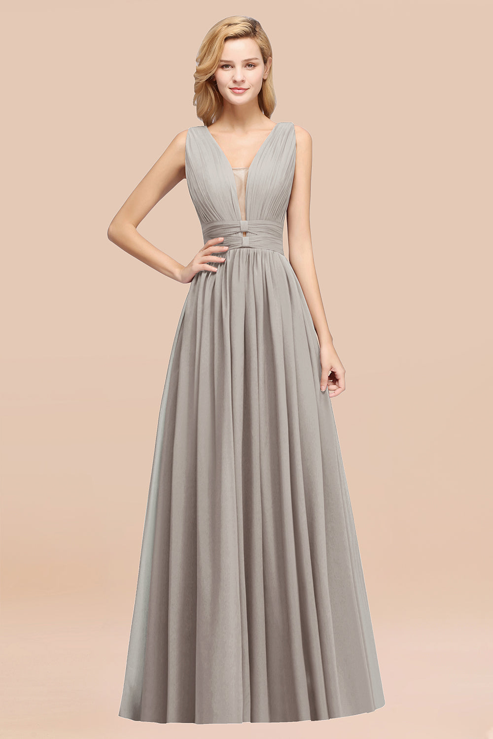 Modest Dark Green Long Bridesmaid Dresses Deep V-Neck Chiffon Maid of Honor Dress