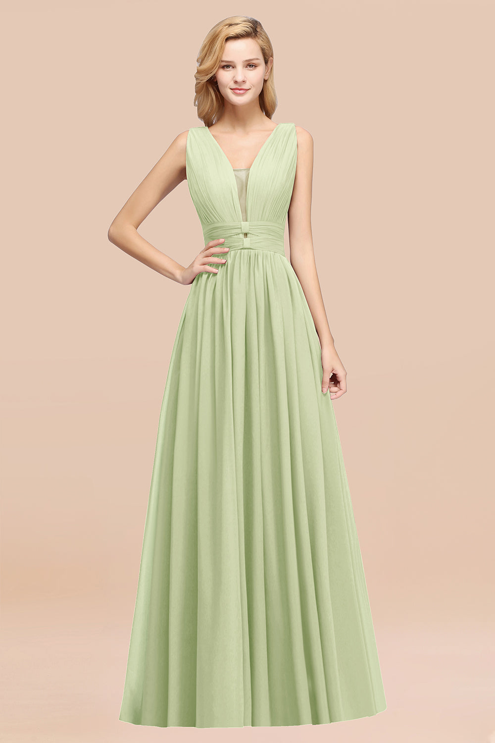 Modest Dark Green Long Bridesmaid Dresses Deep V-Neck Chiffon Maid of Honor Dress