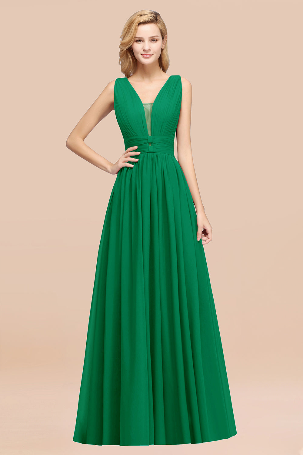 Modest Dark Green Long Bridesmaid Dresses Deep V-Neck Chiffon Maid of Honor Dress