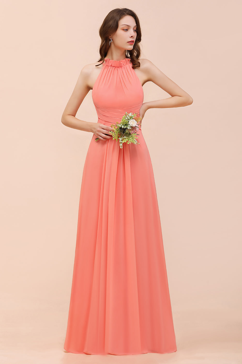 Modest Halter Ruffle Coral Chiffon Affordable Bridesmaid Dresses