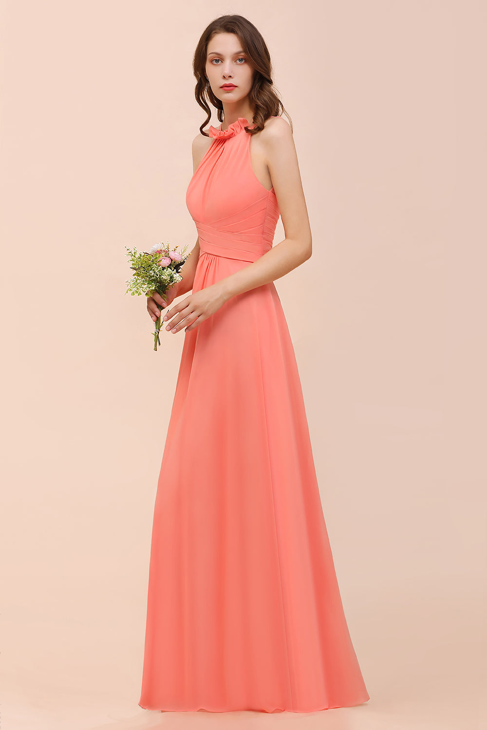 Modest Halter Ruffle Coral Chiffon Affordable Bridesmaid Dresses