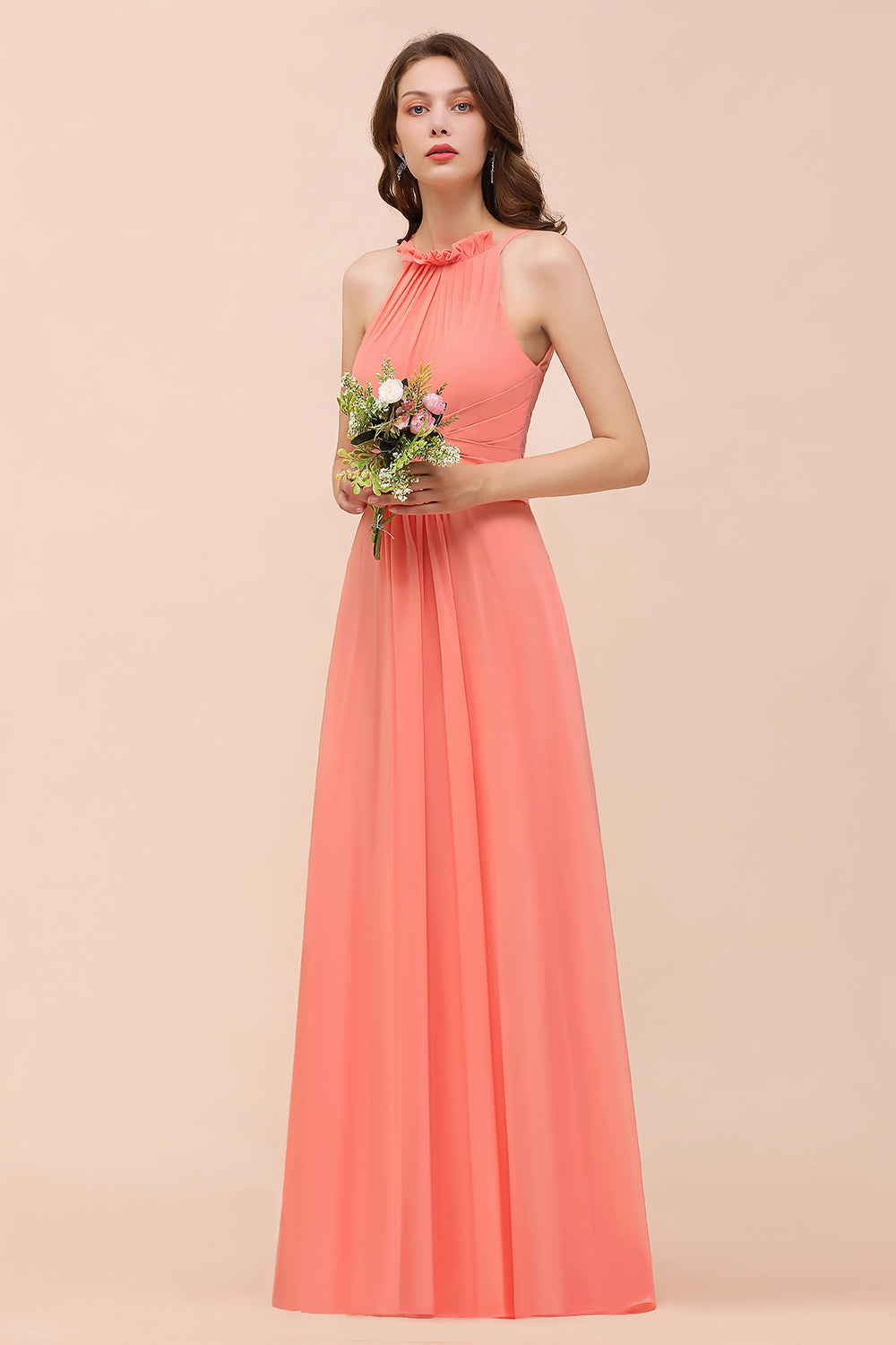 Modest Halter Ruffle Coral Chiffon Affordable Bridesmaid Dresses