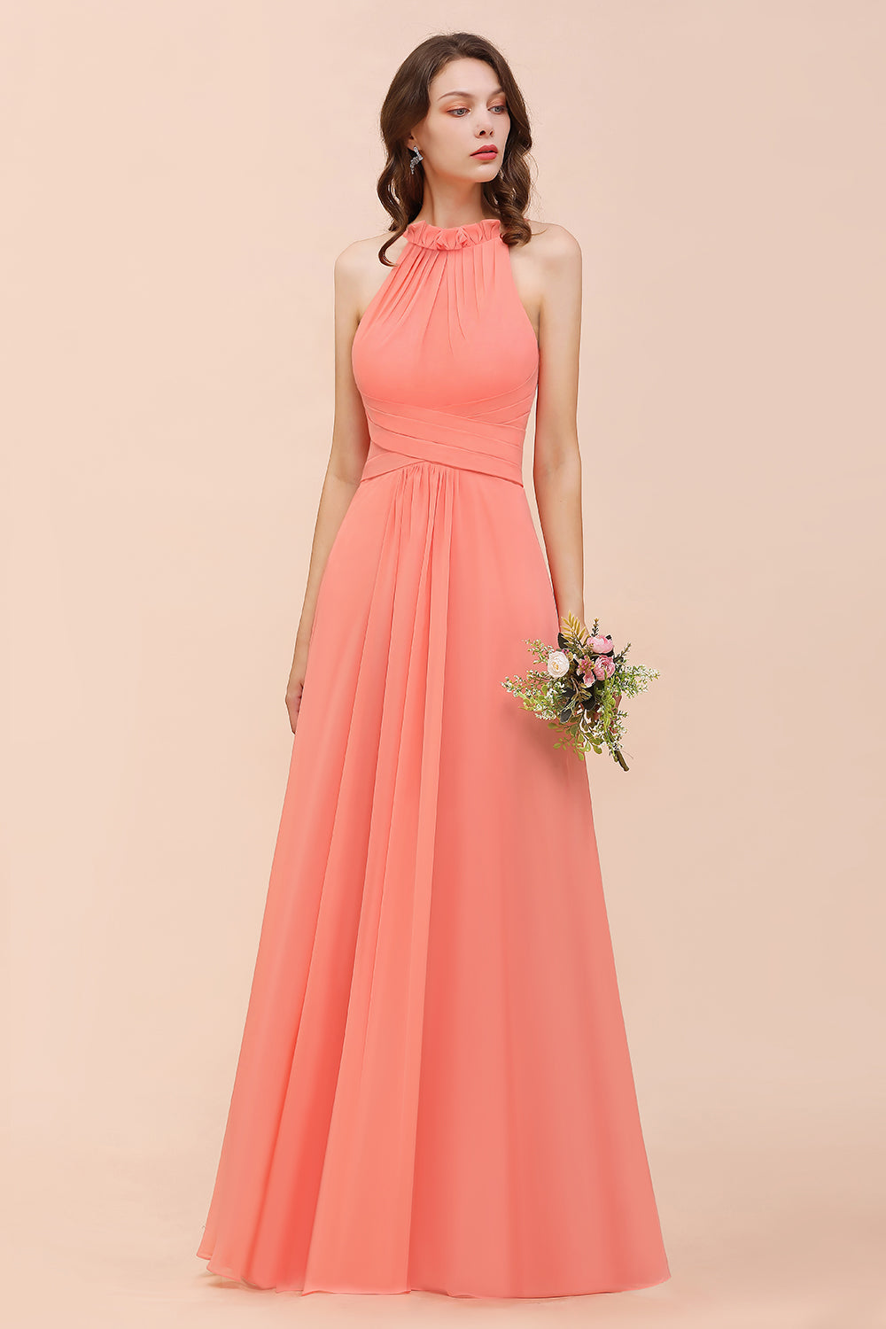 Modest Halter Ruffle Coral Chiffon Affordable Bridesmaid Dresses