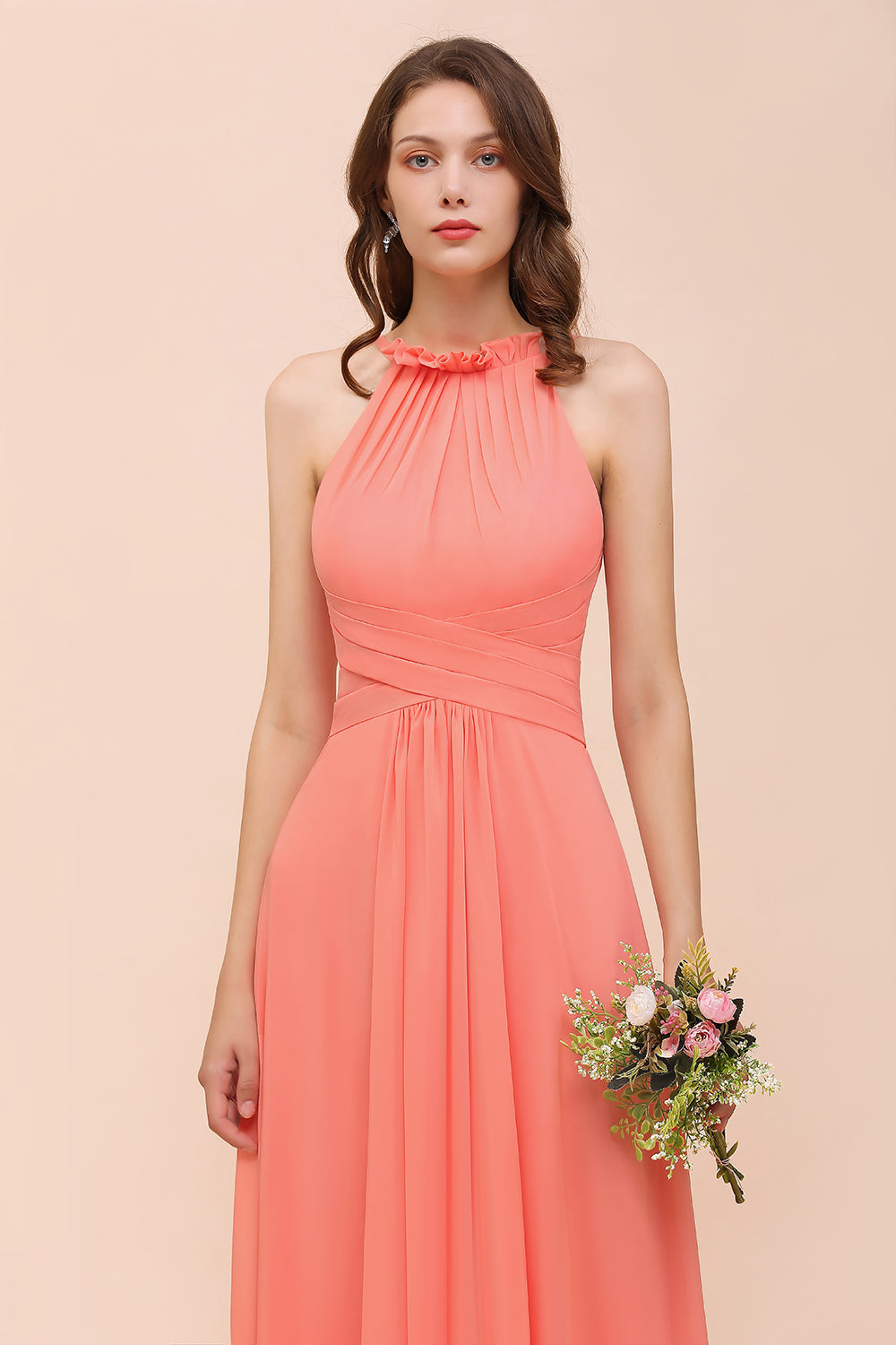 Modest Halter Ruffle Coral Chiffon Affordable Bridesmaid Dresses