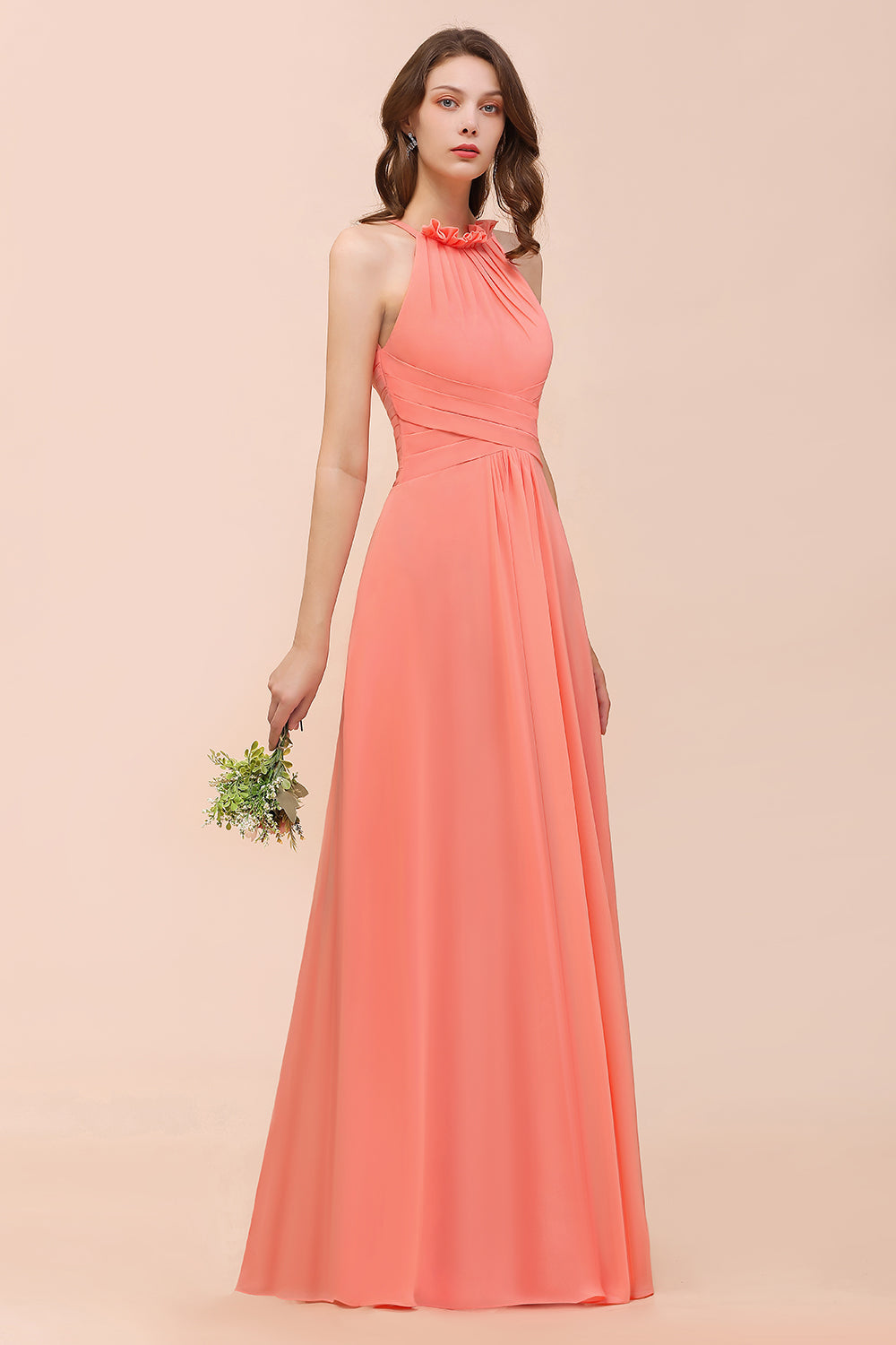 Modest Halter Ruffle Coral Chiffon Affordable Bridesmaid Dresses