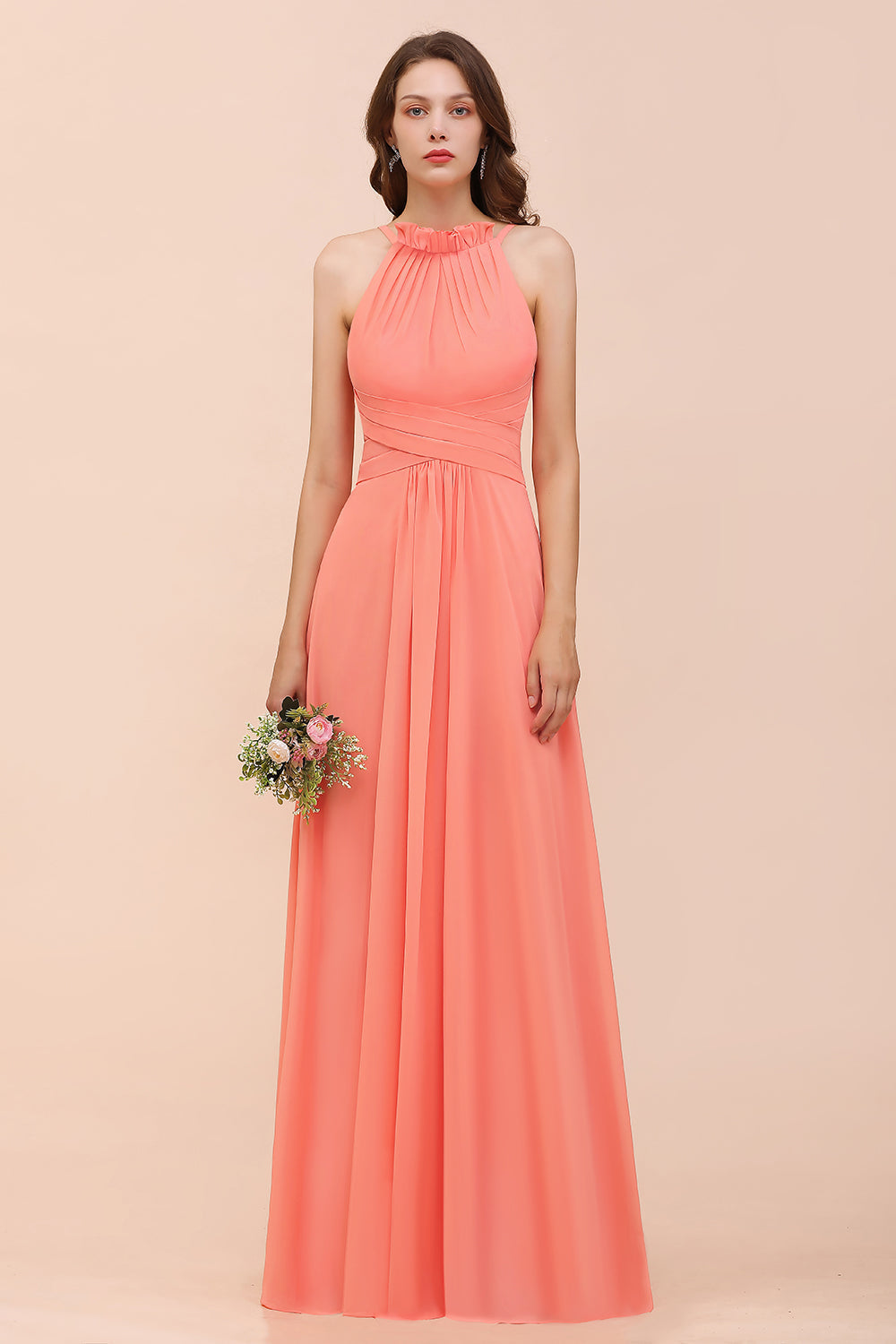 Modest Halter Ruffle Coral Chiffon Affordable Bridesmaid Dresses