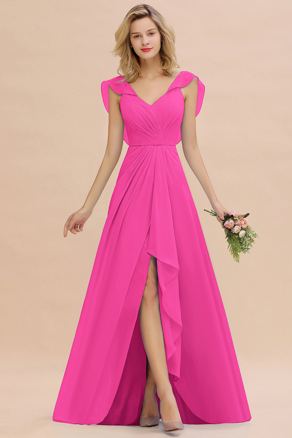 Modest Hi-Lo V-Neck Ruffle Long Bridesmaid Dresses with Slit