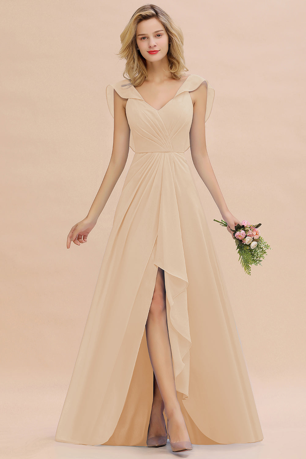 Modest Hi-Lo V-Neck Ruffle Long Bridesmaid Dresses with Slit