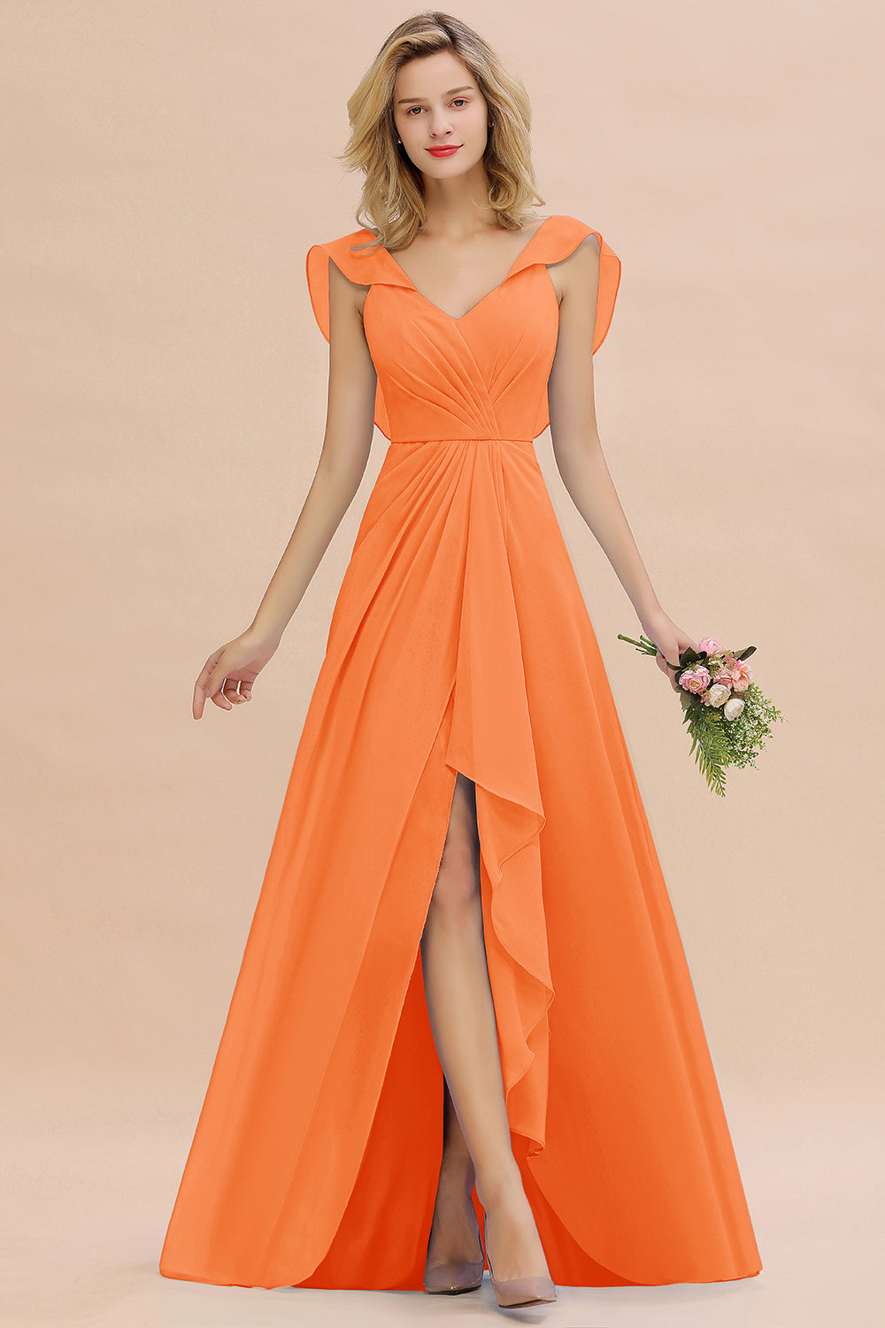 Modest Hi-Lo V-Neck Ruffle Long Bridesmaid Dresses with Slit