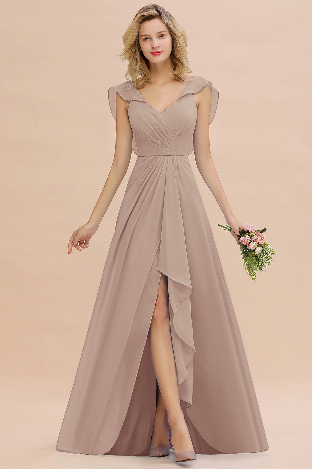 Modest Hi-Lo V-Neck Ruffle Long Bridesmaid Dresses with Slit