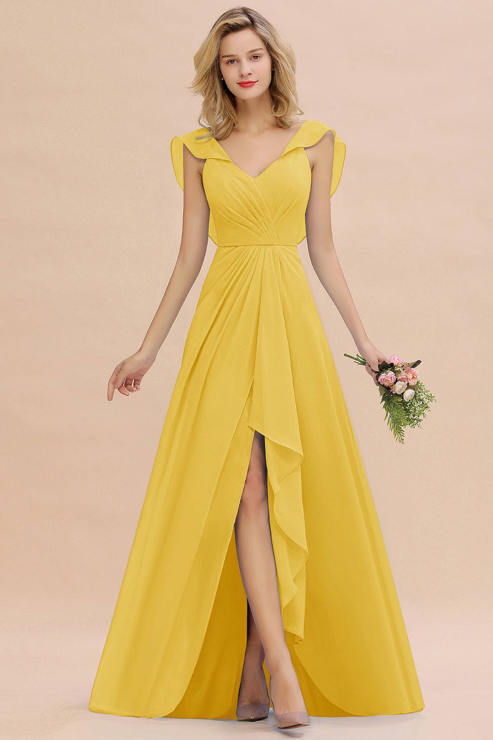 Modest Hi-Lo V-Neck Ruffle Long Bridesmaid Dresses with Slit