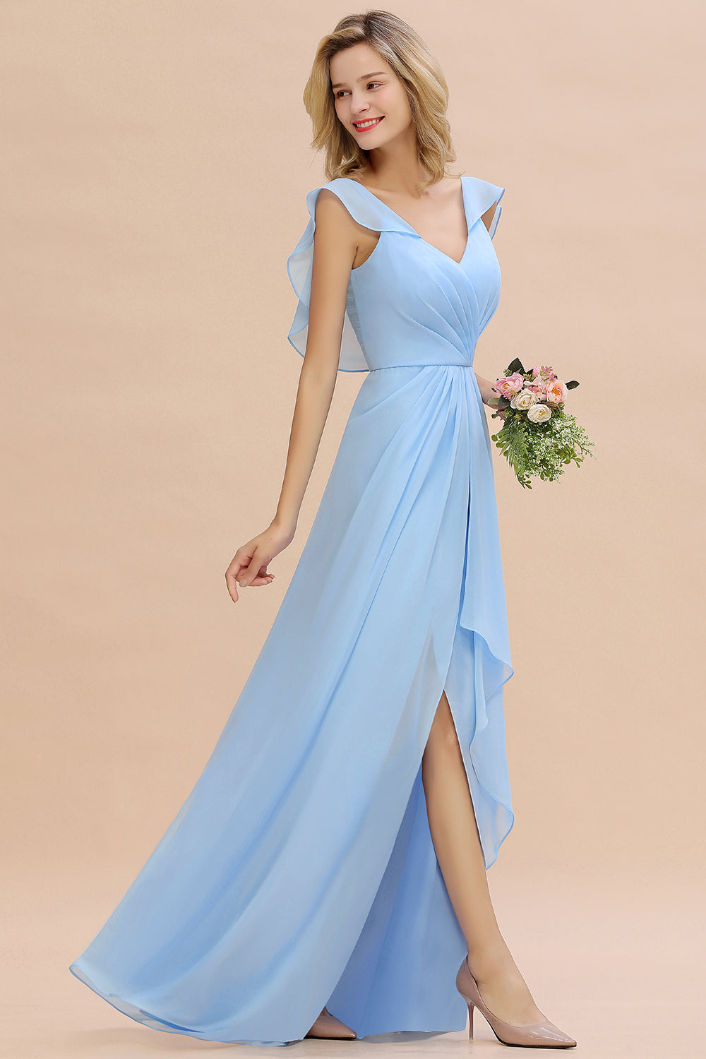 Modest Hi-Lo V-Neck Ruffle Long Bridesmaid Dresses with Slit