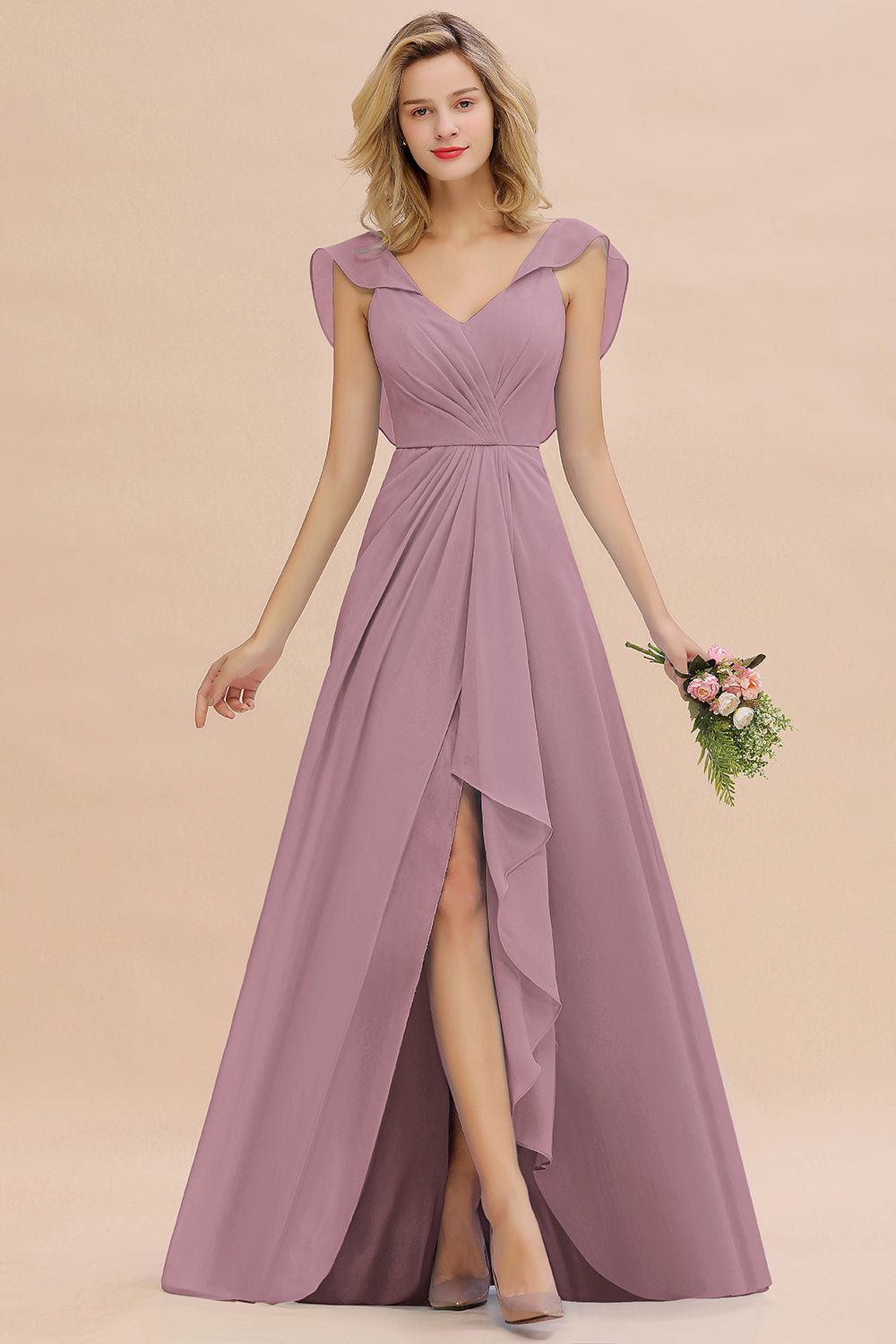 Modest Hi-Lo V-Neck Ruffle Long Bridesmaid Dresses with Slit