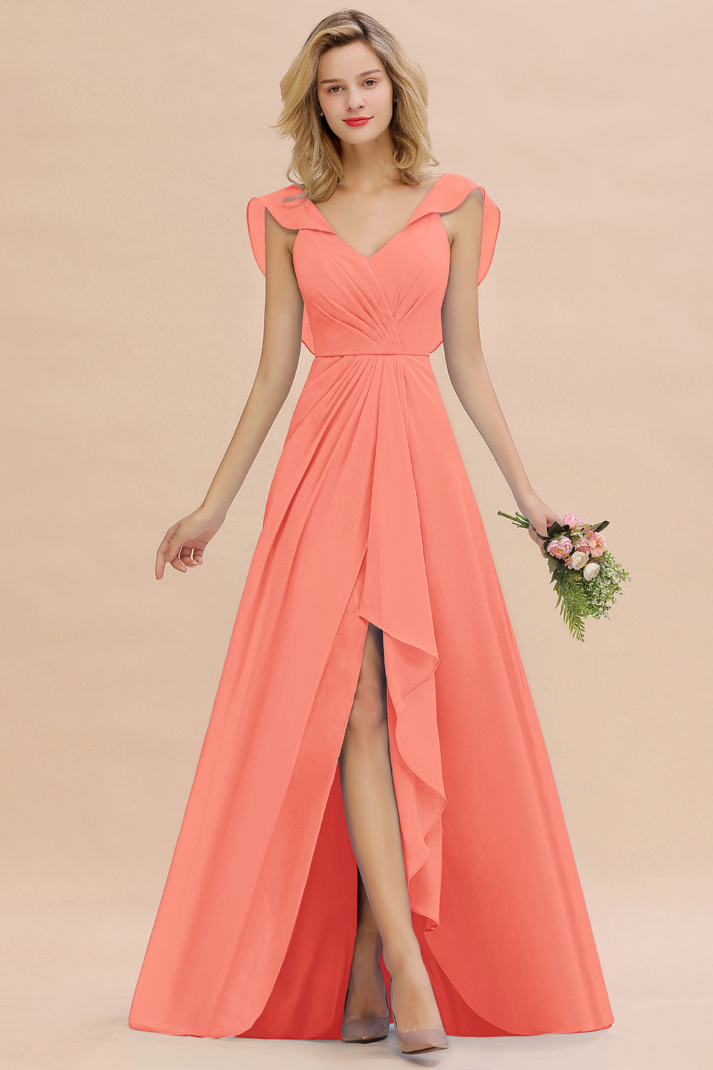 Modest Hi-Lo V-Neck Ruffle Long Bridesmaid Dresses with Slit