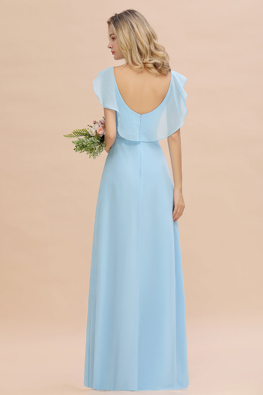 Modest Hi-Lo V-Neck Ruffle Long Bridesmaid Dresses with Slit